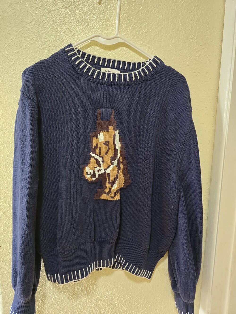 Navy Crewneck Sweater with Horse Intarsia